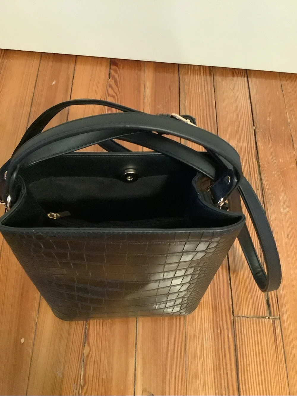 Black Vegan Leather Croc-Embossed Crossbody Bag